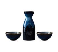 Japanese Style Ceramic Sake Pot Set with Vintage Blue Saki Kettle and Cups, Easy to Clean Rice Wine Container for Theme Party and New Year Celebration, Classic Traditional Design