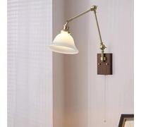 Japanese Style Ceramic Wall Mounted Light, Brass Swing Arm Pull Chain Wall Sconce for Bedroom Living Room Bedside Wall Lights(White) (White)
