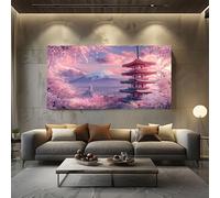 Japanese Style Cherry Blossom Canvas Prints Wall Art Landscape Mount Fuji Paintings for Living Room and Bedroom, Frameless Asian Pagoda Artwork Home Decorations 70x140cm