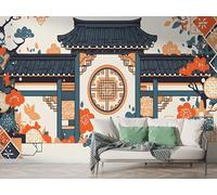 Japanese Style Cherry Blossom Wall Mural, Self-Adhesive Peel & Stick Wallpaper, Architecture Asian Design Photo Wallpaper for Living Room & Bedroom (200x140 cm), M-824