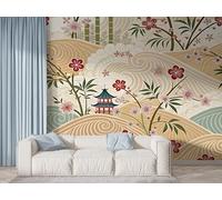 Japanese Style Cherry Blossom Wall Mural, Self-Adhesive Peel & Stick Wallpaper, Bamboo Botanical Design Photo Wallpaper for Living Room & Bedroom (300x210 cm), F-776
