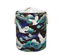 Japanese Style Cloud Cranes Drawstring Laundry Basket, Large Foldable Laundry Hamper with Lid Thick Polyester Fabric Lightweight Storage Basket for Clothes Toys Dorm Bathroom