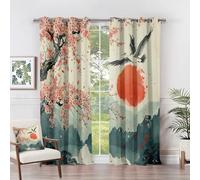 Japanese Style Curtains - Japanese Curtains - Cherry Blossom Crane Sunset Blackout Curtains 46 x 54 Inch (Width x Drop) 2 Panels, Asian Mountain Landscape Eyelet Curtains & Drapes