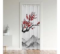 Japanese-Style Door Curtains for Doorways, Red Cherry Blossoms Printed Blackout Curtain, Mount Fuji Pattern Doorway Curtain, Ink Painting Black White Stylish Room Divider Curtain 1 Panel, 34"W X 80"L