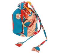 Japanese Style Drawstring Cosmetic Bag Green Floral Crane Pattern | Polyester Pouch, Portable Hands-free Carry, Daily Commuting or Gift Use, for Women and Accessories