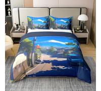 Japanese Style Duvet Cover King Size 100% Cotton Summer Town Street Bedding Set Boys Girls Snow Mountain Soft Comforter Cover Blue Green Kids Bedroom Decor,No Comforter