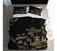 Japanese Style Duvet Cover King Size Bedding Sets - Black and Gold Reversible Patterned Quilt Cover Set 3 pcs with Zipper Closure and 2 Pillowcases 50x75 cm, Easy Care Soft Brushed Microfiber Bed Set