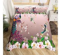Japanese-Style Duvet Cover Plum Blossom Decor Bedding Set Single Size Crane Peacock Feather Floral Pattern Romantic Luxury Theme Comforter Cover Set,1 Duvet Cover with 1 Pillow