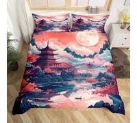 Japanese Style Duvet Cover Set Double Size,Japan Ukiyo-e Cherry Blossom Bedding Set,Boys Girls Room Decor,Moonnight Natural Landscape Comforter Cover,Red Black,2 Pillowcases(No Comforter)