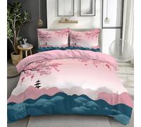 Japanese-Style Duvet Cover Set Single, Cherry Blossom Lantern Hill Bedding Set 2 - Piece Set for Boys and Girls Bedroom Decor, Pink Comforter Cover Brushed Microfiber Quilt Cover with 1 Pillowcases