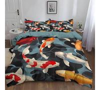 Japanese Style Duvet Cover Set Super King Size Fish Patterns Quilt Cover 260x220 cm 3D Reversible Bedding with Pillowcases Zipper Closure Soft Easy Care Comforter Covers Set a.726