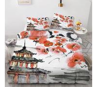 Japanese Style Duvet Cover Set Super King Size Ink Painting of Floral Architecture Quilt Cover 260x220 cm 3D Reversible Bedding with Pillowcases Zipper Closure Soft Comforter Covers Set a.684