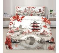 Japanese Style Duvet CoverMountain Duvet Cover Set with PillowcasesRed Maple Leaf Bed Linen for Bedroom Decor 220x230cm