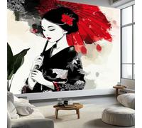 Japanese Style Geisha in Kimono Red Umbrella Non-Woven Wallpaper 400 x 280 cm Bedroom Wall Mural, White Photo Wallpaper Poster Wall Covering for Children’s Room Home Restaurant Living Room Hallway