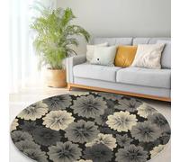 Japanese Style Geometric Plants Flowers Machine Washable Round Area Rug 120 cm, Grey Printed Circular Rug Non-slip Carpet - Soft Short Pile Carpet Floor Decorate for Living Room Bedroom Playroom