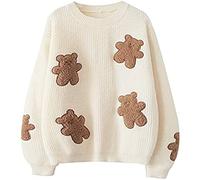 Japanese Style Kawaii Bear Patch Embroidery Cute Sweater for Teen Girls Long Sleeve Pullover Tops Casual Sweaters (White,F)