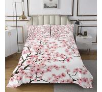 Japanese Style King Coverlet Set Cherry Blossom Floral Quilted 3 Pcs with 2 Pillow Shams Spring Flowers Bedding Quilt for Decoration,Microfiber Breathable