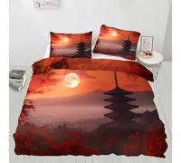 Japanese Style King Duvet Set Red Maple Leaves Soft Microfiber Duvet Cover Set Sunset Scene Bedding Double Bed Set with 2 Pillowcases, Ultra Comfortable Quilt Cover with Zipper Closure
