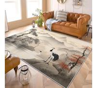 Japanese Style Landscape Red Crowned Cranes Flannel Rug for Living Room & Bedroom Soft Fluffy Carpet Ink Painting Non-Slip, Machine Washable, Kids Area Rug Mat for Playroom & Floor Protector 60x90 cm