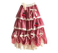 Japanese Style Lolita Cherry Gingham Skirt Lace Bowknots Tiered Ruffle Elastic High Waist A-line Cute Midi Skirts, Red, L