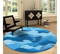Japanese Style Machine Washable Round Area Rug 220 cm, Abstract Blue Waves Stripes Printed Circular Rug Non-slip Carpet - Soft Short Pile Carpet Floor Decorate for Living Room Bedroom Playroom