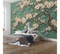 Japanese Style Meticulous Brushwork Painting Wallpaper for Living Room - Cherry Blossoms Tree Branches Wall Murals, Non-Woven Light Green Photo Wallpaper Wall Art, for Bedroom Office - 300 x 210 cm