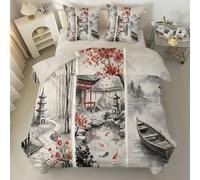 Japanese Style, Mount Fuji Coverless Super King Size Duvet Reversible - Cherry Blossom Comeforter Set for All Season Lightweight Machine Washable SuperKing Quilt 260x220cm with Pillowcase 50x75cm S85