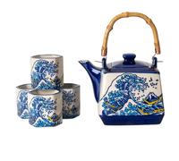 Japanese Style Perfect Square Shape Porcelain Tea Set Teapot with Strainer Wooden Handle and 4 Hexagon Tea Cups Handpainted Hokusai Kanagawa Wave Design Tea Set