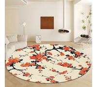 Japanese Style Plant Flower Pattern Round Area Rug Diameter 180 cm, Cream Print Soft Non Slip Rugs - Washable Short Pile Carpet Non Shedding Indoor Carpet for Living Room Bedroom Decor