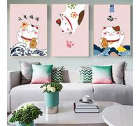 Japanese Style Poster Lucky Cat Canvas Painting Cute Animal Art Print 3 Pieces Modern Cartoon Wall Art Pictures For Restaurant Home Decor 30Cmx40Cmx3Pcs No Frame