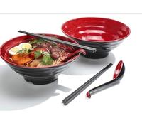 Japanese Style Ramen Bowl Set, Large Black and Red Noodle Bowls with Matching Spoons, 2 Piece Serving Set