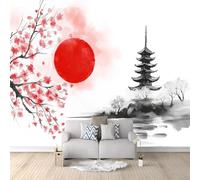 Japanese Style Red Sun Architecture Wallpaper Bedroom Kids Boys 3D Wallpaper Mural White Kids Teens Room 3D Poster Photo Wall Decoration Themed Room Playroom 400x280 cm