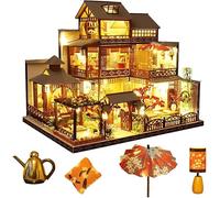 Japanese-Style Retro Villa Dollhouse Miniature with Furniture, DIY Wooden Dollhouse Kit with LED Light, 1:24 Scale Creative Room for Birthday Gift