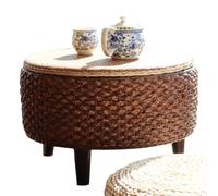 Japanese Style Round Rattan Coffee Table with Storage - Handmade Accent Table for Home & Office Small Size Natural Color Ideal for Modern Decor & Space Saving
