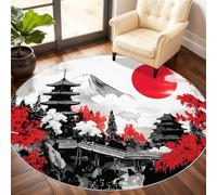 Japanese Style Round Rugs for Bedroom, Volcano Circle Rug 150cm, Classical Architecture Rug, Non Slip Round Rugs for Living Room Dining Beneath the Furniture