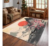Japanese Style Rug, Sunset Mountain Cherry Blossom Area Rug Large 240x340cm, Machine Washable Rug for Living Room, Bedroom, Non Slip Soft Carpet, Asian Style Home Decor & Gifts D#1172