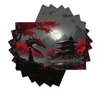 Japanese Style Samurai Red Dragon Temple Spring Set of 8 Placemats, Seasonal Kitchen Table Decoration Indoor Holiday Party Decor 30x45cm, Black And Red