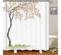 Japanese Style Shower Curtain Pink Cherry Blossoms Shower Curtains for Bathroom Mould Resistant Fabric 3D Bathtub Curtain Waterproof Polyester Washable 180x180 cm (71 x 71 Inch) with 12 Hooks c.2848