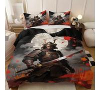 Japanese Style single duvet cover set, Warrior Under The Moon duvet cover - Soft Microfibre Polyester - Armored Warrior Bedding Quilt Set, Ink Painting Style 135 x 200cm Cover with Pillow cases