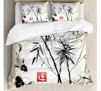 Japanese Style Single Duvet Cover Sets Black Bamboo Bedding Single Bed Set 3D Print Ultra Soft Microfiber Quilt Cover 135 x 200 with Zipper Closure and 2 Pillowcases A-933