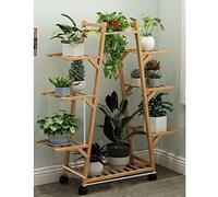 Japanese Style Solid Wood Plant Stand with Rollers Indoor/Outdoor Flower Pot Display Rack Retro Floor Standing Storage for Garden Balcony Living Room Versatile Flower Shelf