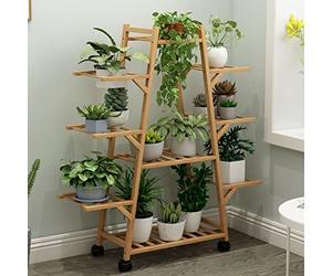 Japanese style Solid Wood Plant Stand with Rollers Retro Flower Pot Holder for Indoor and Outdoor Use Floor standing Storage Rack for Garden Corner Balcony and Living Room Display Shelf (Color: )