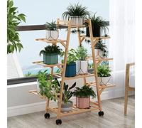 Japanese-Style Solid Wood Plant Stand with Wheels - Retro Outdoor Flower Pot Holder for Garden, Balcony, Living Room, Corner Display, Indoor & Outdoor Use