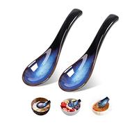Japanese Style Soup Spoon Set of 2, Ceramic Ramen Spoons Chinese Spoons Blue Asian Soup Spoon Retro Porcelain Spoon Rice Spoons for Oatmeal Stews Udon Pho Wonton Dumpling Miso, Dishwasher Safe
