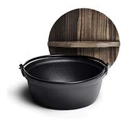 Japanese Style Sukiyaki Cast Iron Stew Pot, Sukiyaki Tetsu Nabe Pot with Wooden Lid and Handle, Outdoor Camping Hanging Stove Pan, 9.84Inch
