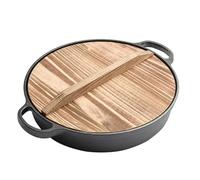 Japanese Style Sukiyaki Hot Pot with Wooden Lid, Non Stick Cast Iron Frying Pan Skillet Deep Pan Thicken Flat Bottom for Shabu Shabu Hot Pot, 28cm