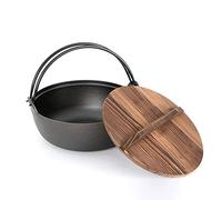 Japanese Style Sukiyaki Tetsu Pot, Cast Iron Nabe Pot Outdoor Camping Hanging Stove Pan with Wooden Lid and Handle