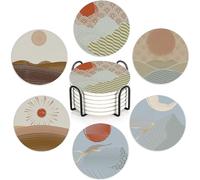 Japanese Style Sun Landscape 6Pack Ceramic Drink Coasters,Quick-Absorb Stone Coasters with Anti-Slip Cork Backing & Metal Holder, Table Protectors for Kitchen Bar