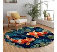 Japanese Style Traditional Art Fish Living Room Round Area Rug 220 cm, Dark Blue Large Carpet Non-Shedding - Washable Bedroom Circular Carpet Non-slip Short Pile Rug for Dining Room Office Playroom