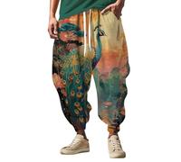 Japanese Style Trousers for Men UK, Harem Trousers Pattern Fun Print Trouser Casual Hippie Harem Joggers Trouser Hip Hop Drop Crotch Cuffed Pants Streetwear Wide Leg Breathable Jogging Bottom Khaki